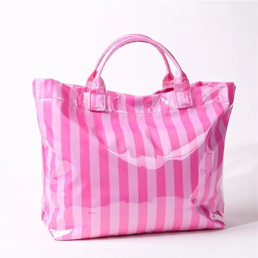 Large Striped Vinyl Tote Bright Pink Design