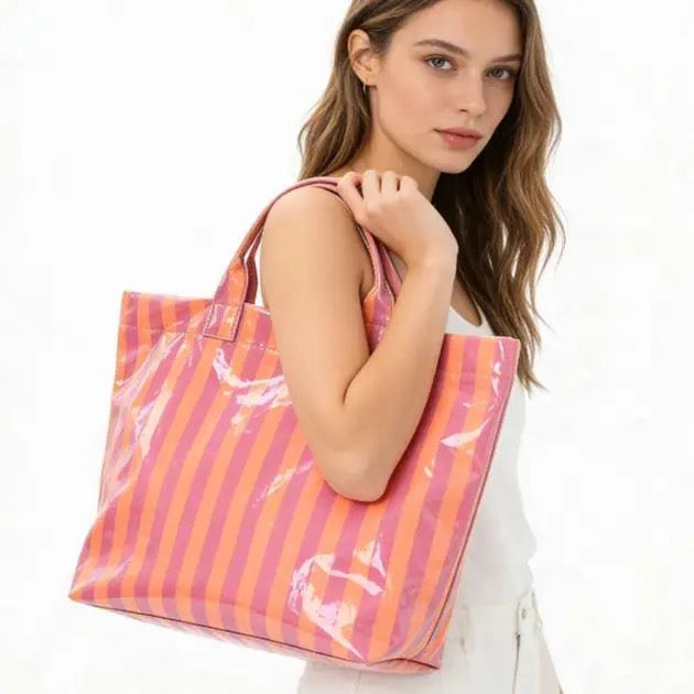 Large Striped Vinyl Tote Pink Design