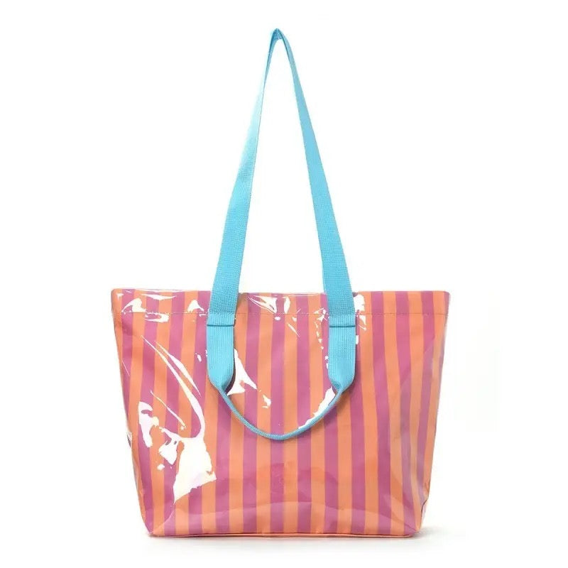 Waterproof Striped Plastic Pink & Orange Tote with Turquoise Handles