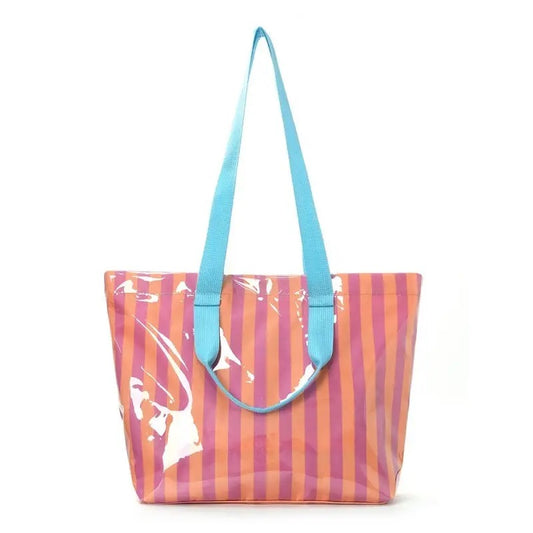 Waterproof Striped Plastic Pink & Orange Tote with Turquoise Handles