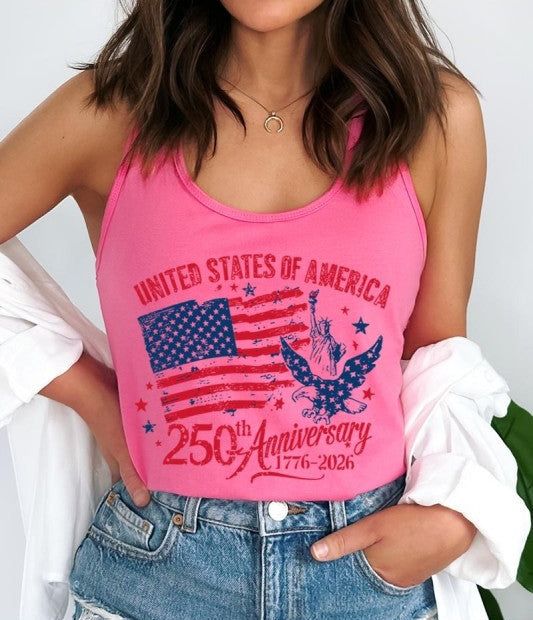 Person wearing a pink tank top with American flag design and text.