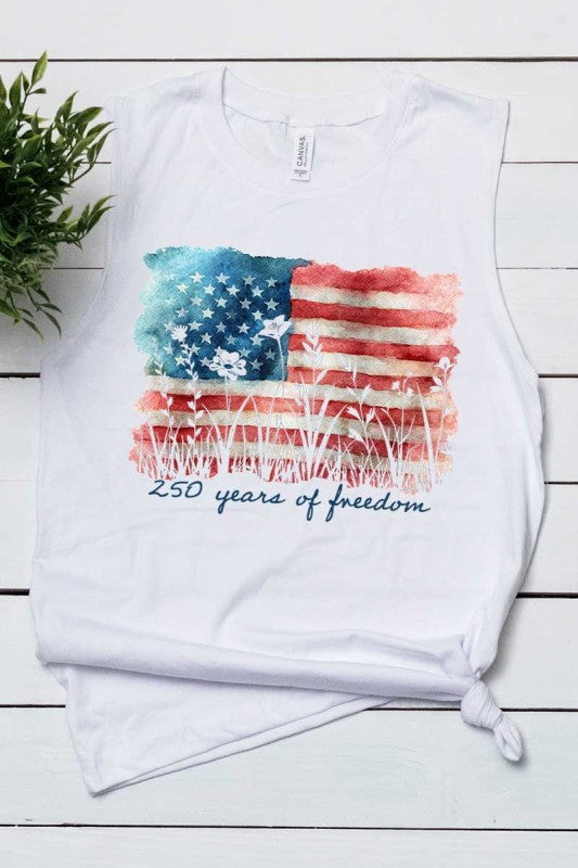 USA Floral Flag Graphic Muscle White Tank Top