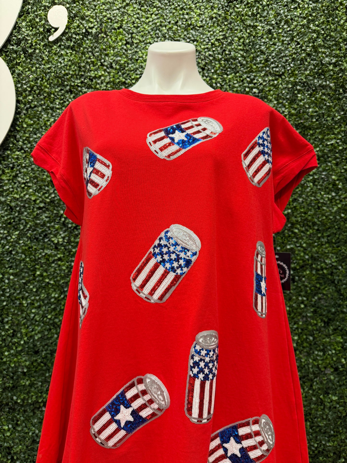 Red Patriotic Sequin Beer Can Graphic Mini Dress