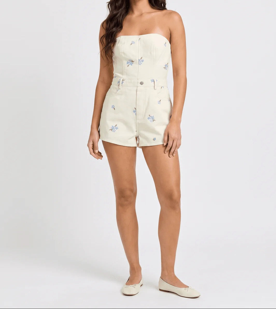Woman's Sleeveless Smock Stitched Floral Front Pockets Denim Romper