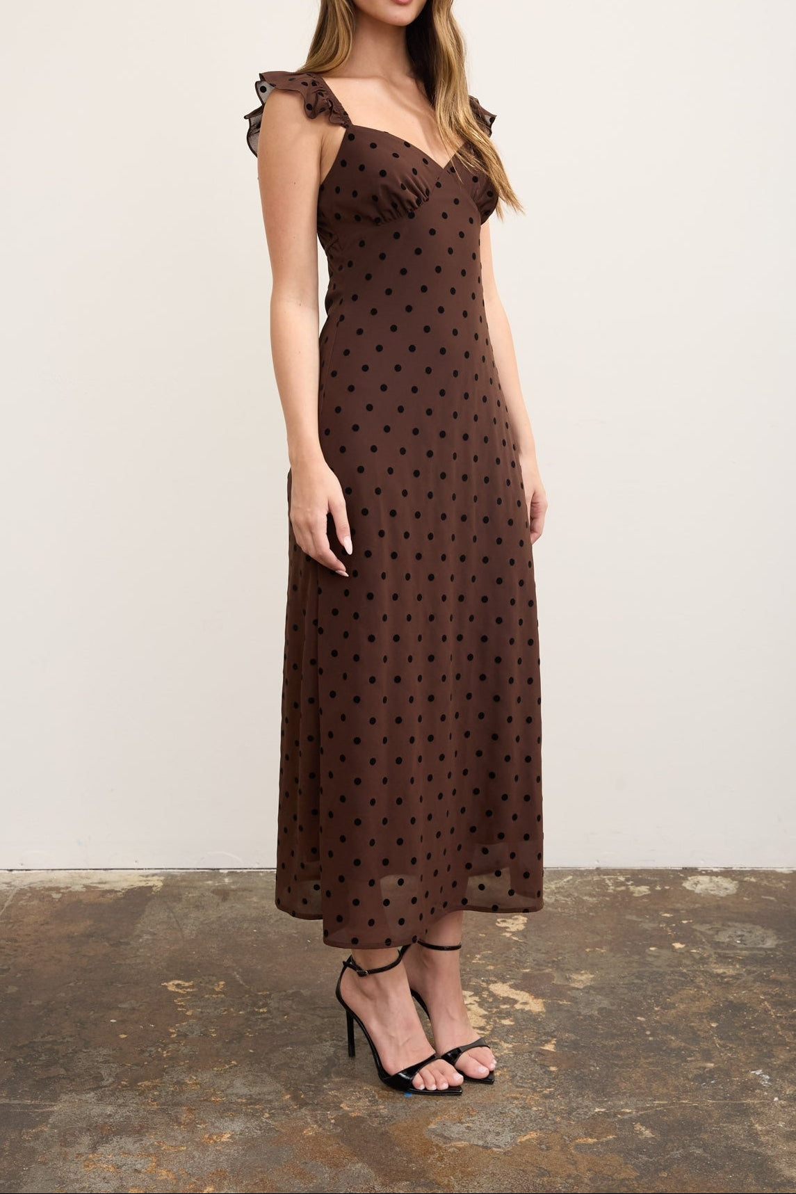 Women's Polka Dot Flock Sweetheart Midi Brown Dress
