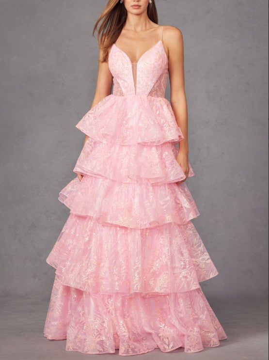 Glitter Tiered Ruffle Skirt Prom Dress