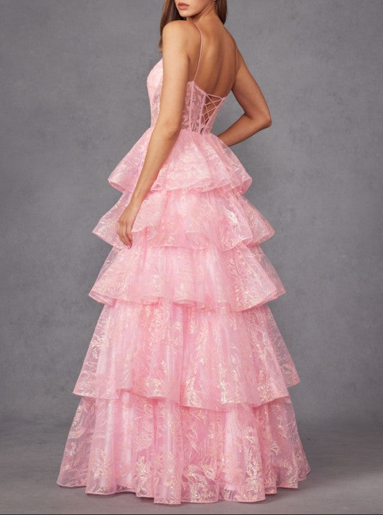 Glitter Tiered Ruffle Skirt Prom Dress