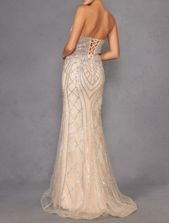 Beaded Fitted Strapless Gown - Champage/Silver