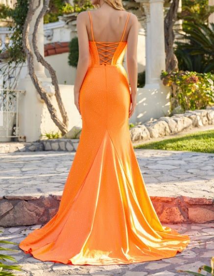 Hot Stone Jersey Ruffle Slit Corset Evening Gown (Orange)