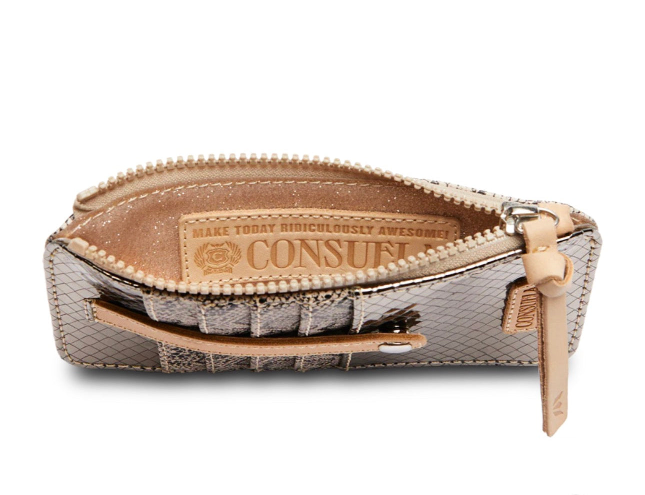 This wallet‚ snap-closure and zipper compartment provides security while you take on the day.