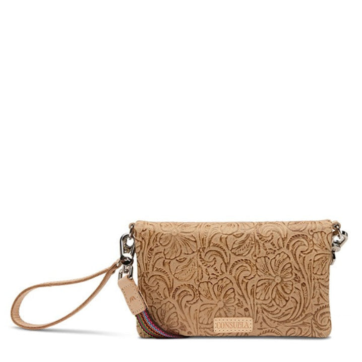 Brown patterned clutch bag with a strap on a white background