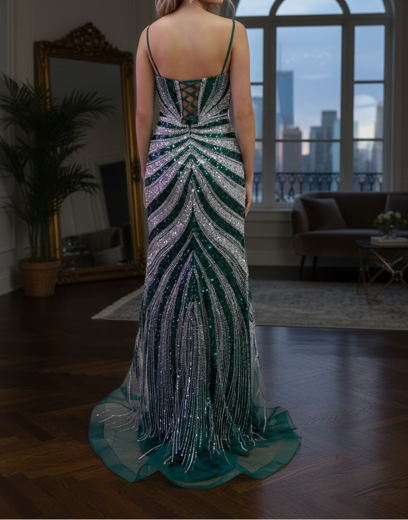 Woman in a sparkling green and silver dress standing in a room with a cityscape view.