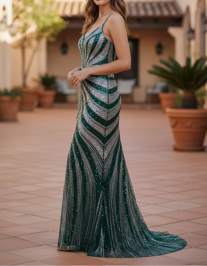 Long Formal Fitted Slit Prom Dress (Green / Silver)