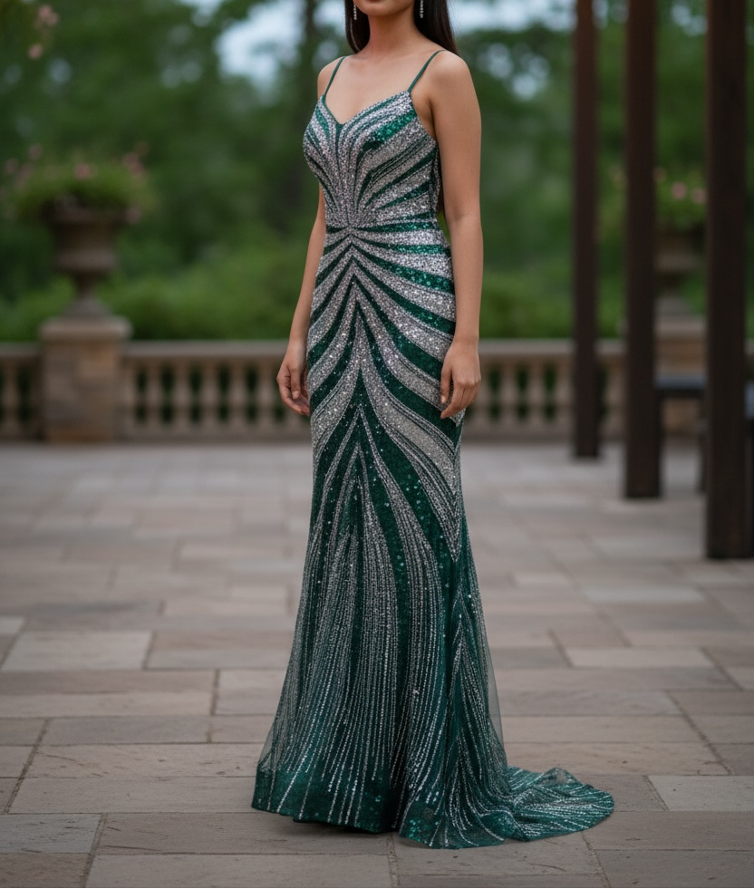 Long Formal Fitted Slit Prom Dress (Green / Silver)