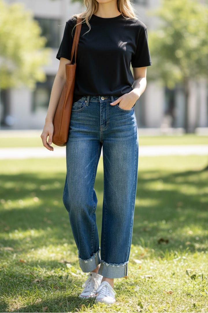 Woman wearing a black t-shirt, blue jeans, and white sneakers in an outdoor setting.