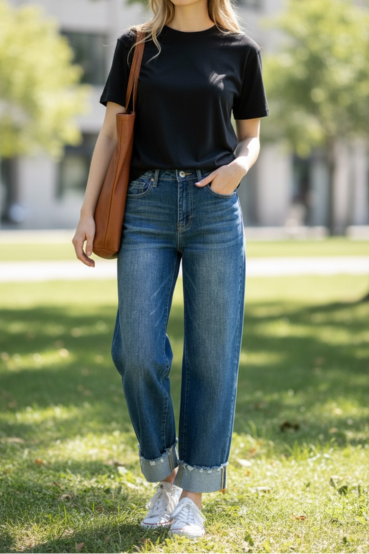 Woman wearing a black t-shirt, blue jeans, and white sneakers in an outdoor setting.