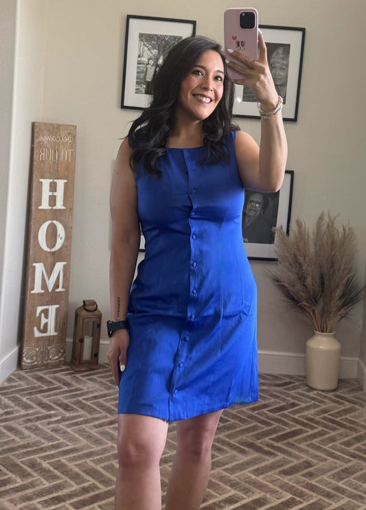 Royal Blue Sleeveless Button-Front Mini Shift Dress