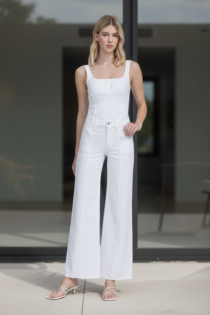 High Rise Stacked Waistband Optic White Wide Jeans