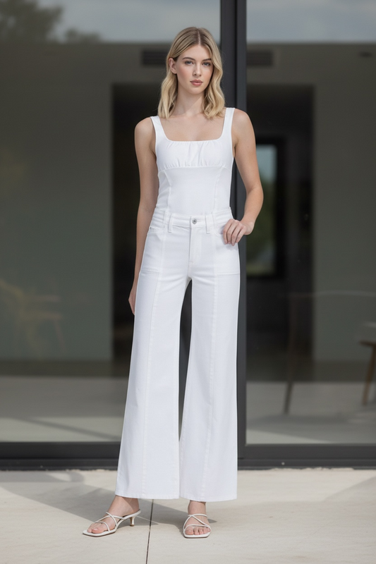 High Rise Stacked Waistband Optic White Wide Jeans