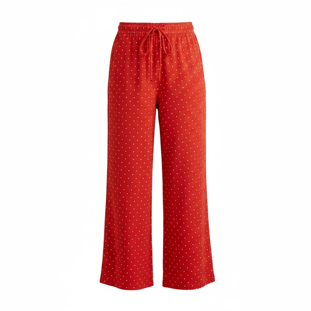 Red polka dot pajama pants on a white background