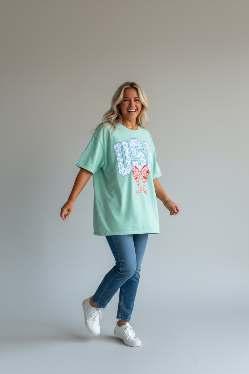 Preppy Leopard "USA" Gingham Bow Tee