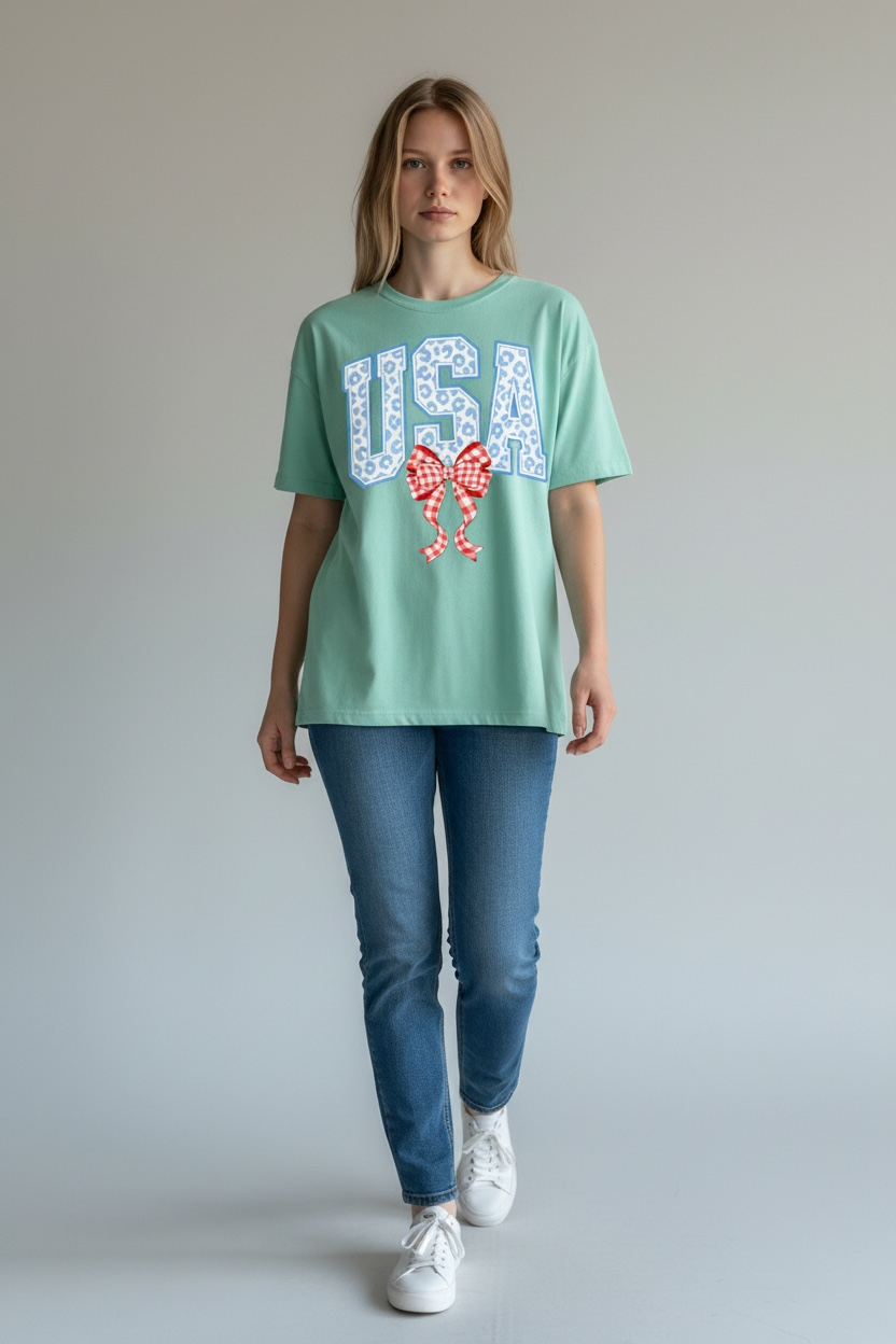 Preppy Leopard "USA" Gingham Bow Tee