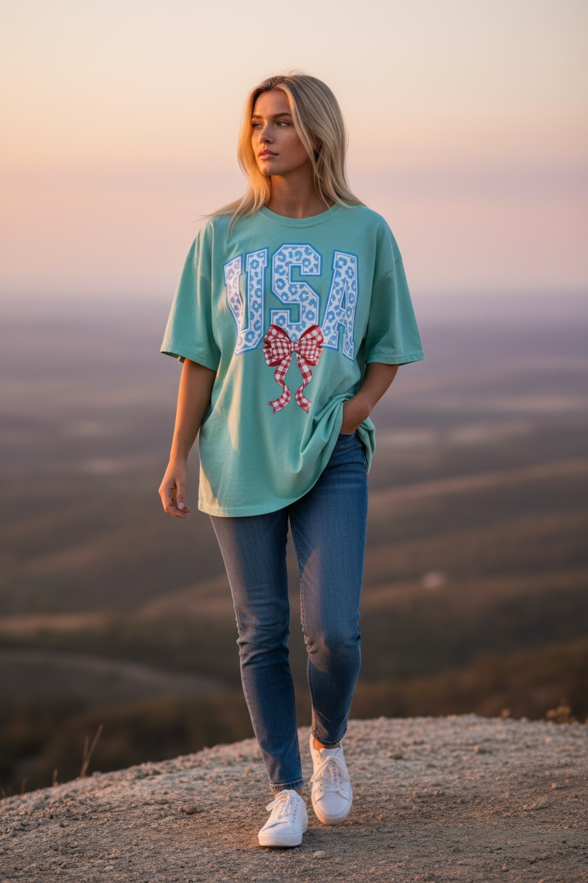 Preppy Leopard "USA" Gingham Bow Tee