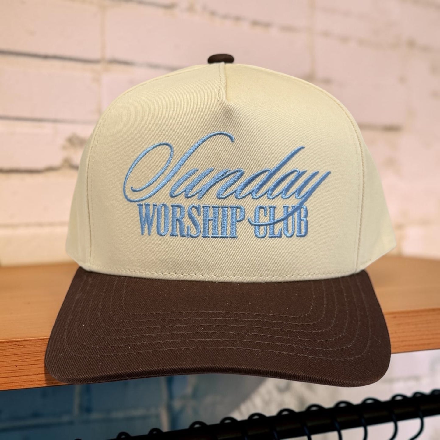 Trucker Hat 'Sunday Worship Club' Embroidered Letter Cream & Brown