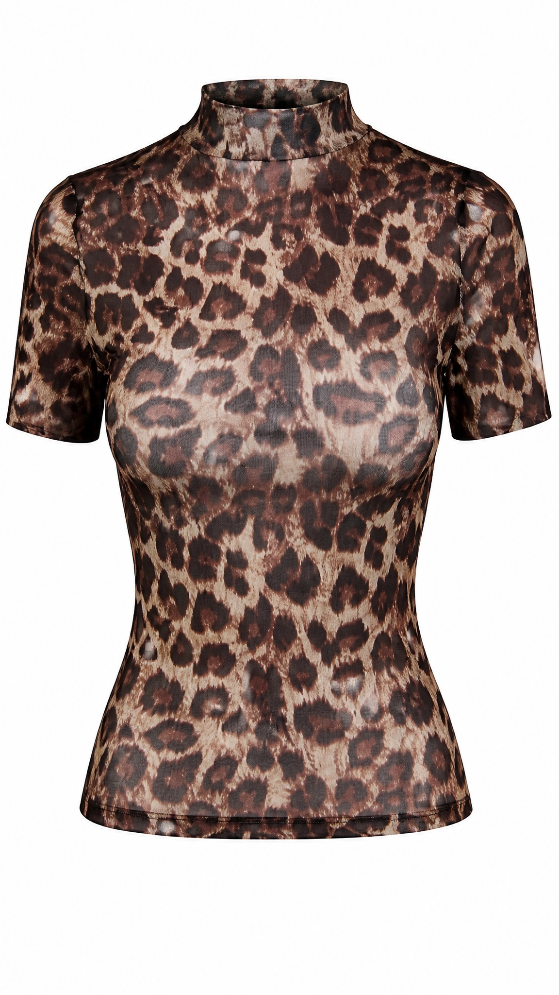 Mesh High Neck Leopard Short Sleeves Top