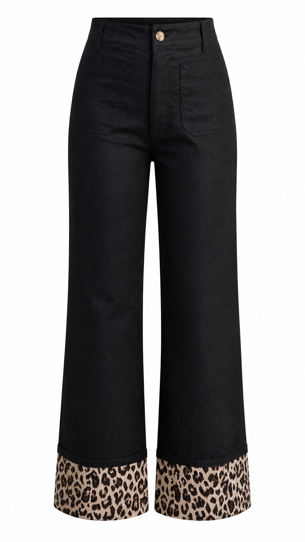 Black wide-leg cropped pants with a leopard print cuff, shown against a plain white background.