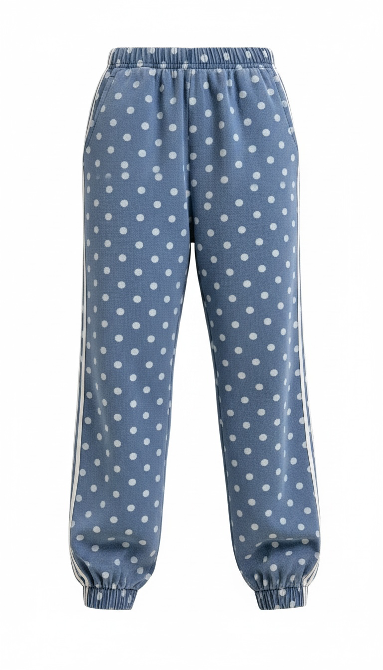 Blue jogger-style pants with an all-over white polka dot pattern, featuring an elastic waistband and elastic cuffs, shown against a plain white background.