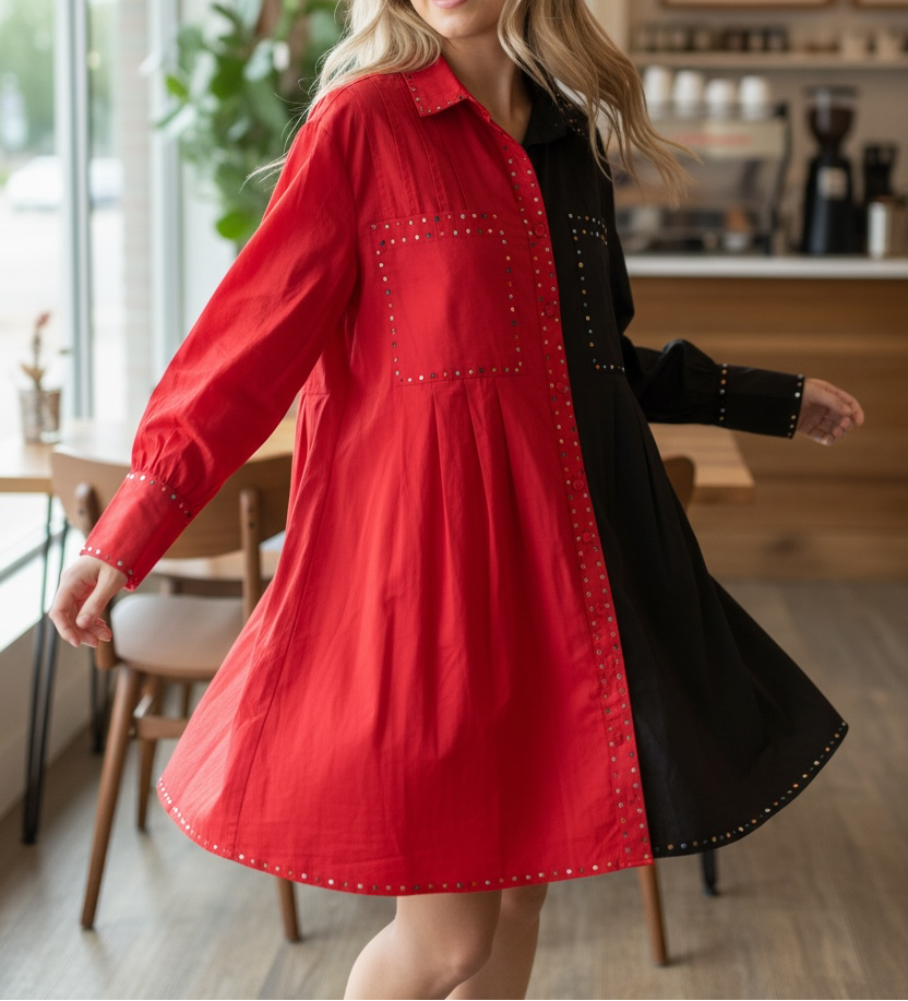 A woman wearing a long-sleeve collared dress with a split red and black design, decorated with small metallic studs, posing in a bright, modern cafe setting.