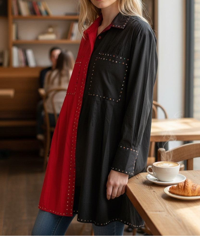 A woman stands in a cozy cafe setting wearing a long-sleeve tunic shirt with a split design: black on one side and red on the other, accented with small metallic studs. A cup of coffee and a croissant sit on the wooden table beside her.