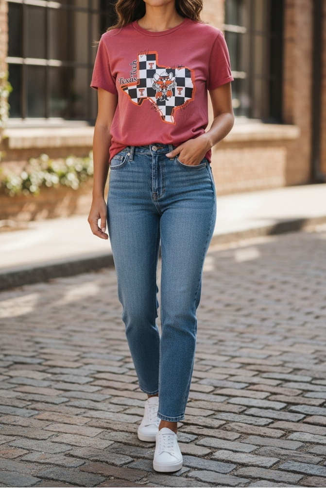 A woman walking on a cobblestone street in front of a brick building, wearing a dusty rose graphic t-shirt with a Texas-shaped patchwork design, blue jeans, and white sneakers.