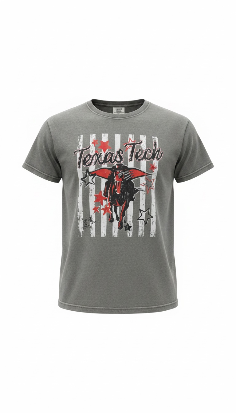 A gray short-sleeve crewneck t-shirt featuring a distressed graphic on the front with the text 'Texas Tech' and a red and black bull riding motif over white vertical stripes.