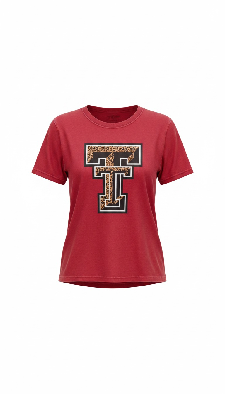 A red short-sleeve crewneck t-shirt featuring a large collegiate-style letter 'T' graphic on the chest filled with a leopard print pattern and outlined in black and white.