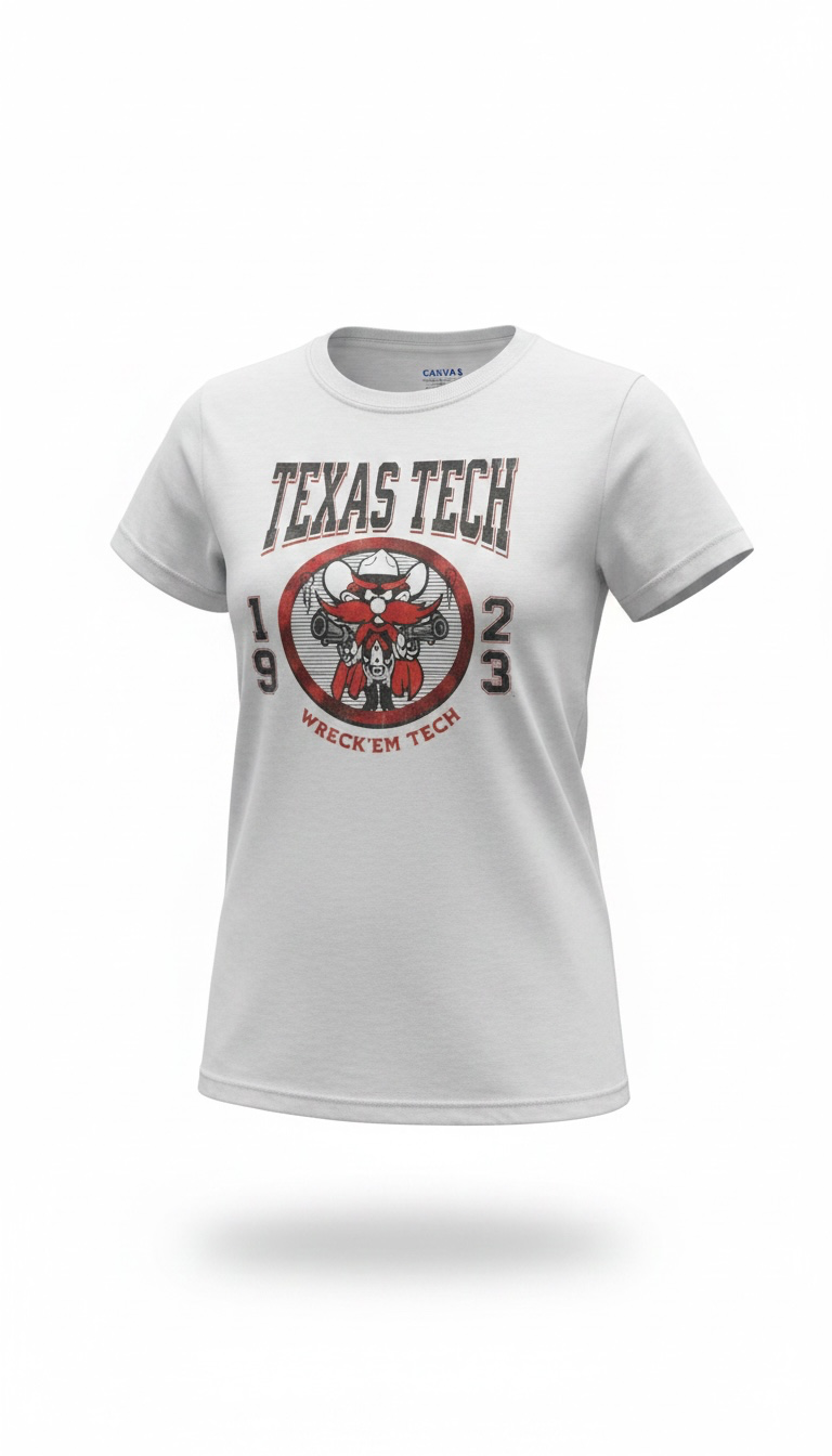 A white short-sleeve crewneck t-shirt featuring a red and gray graphic print on the front with the text 'TEXAS TECH' and a bull logo.
