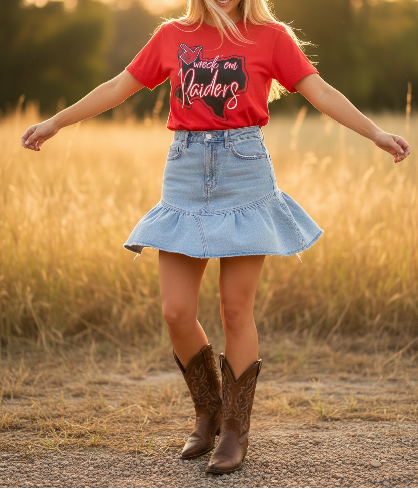 A woman stands in a sunlit field wearing a bright red graphic T-shirt with a cowgirl cat design and the words 'Watch Me Ride', a light blue denim ruffled mini skirt, and brown cowboy boots.
