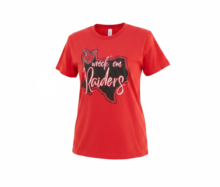 A red short-sleeve crewneck t-shirt featuring a graphic on the front with a black silhouette of Texas, a coyote head logo, and the words 'sweet on Raiders' in white script.