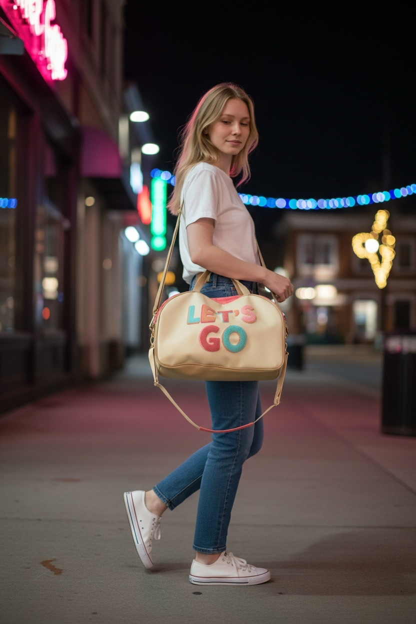 Duffel Bag Embroidered Lettering "Let's Go"