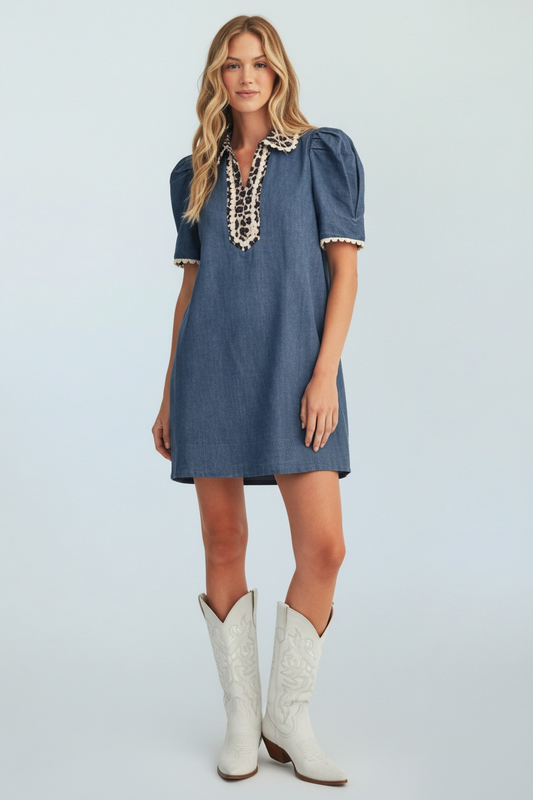 Woman's Puff Shoulder Washed Denim Dress