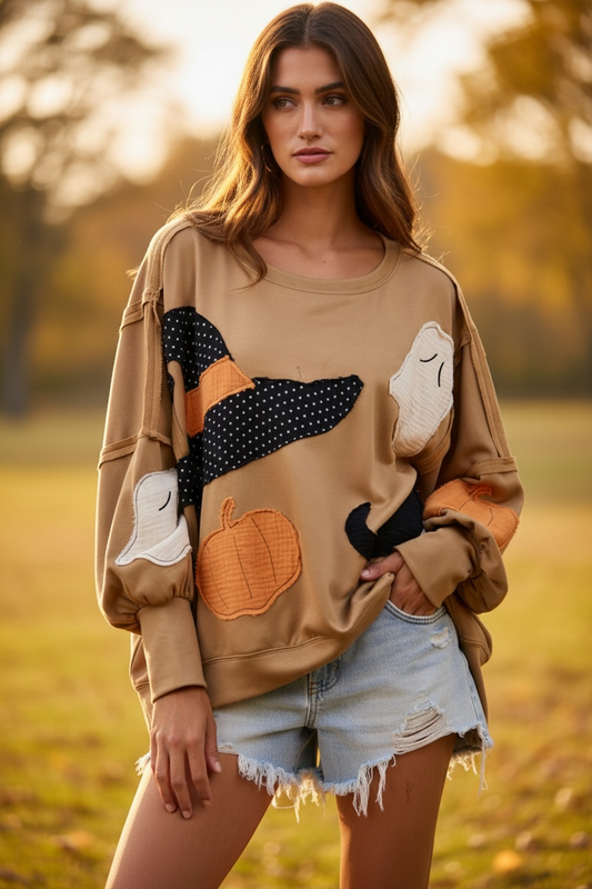 Women's Halloween Theme Patchwork French Terry Sweatshirt