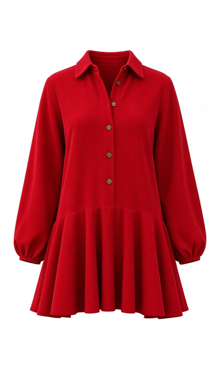 Women's Long Sleeve Button Up Red Dress