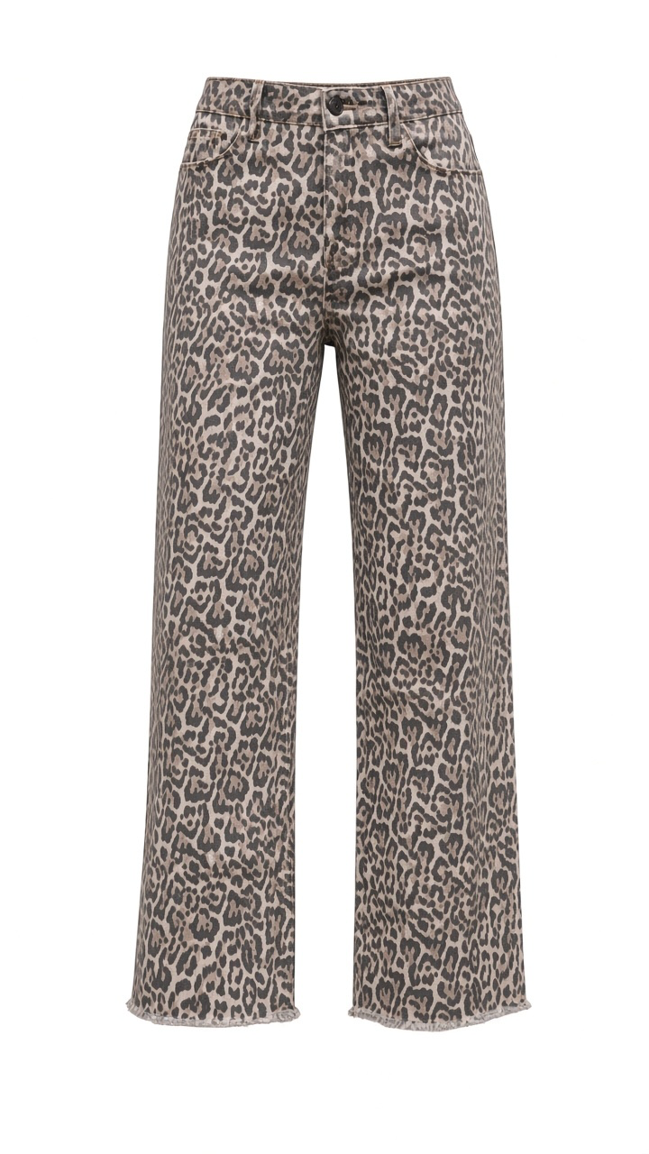 Women's Leopard Frayed Edge Wide Leg High Waist Jeans