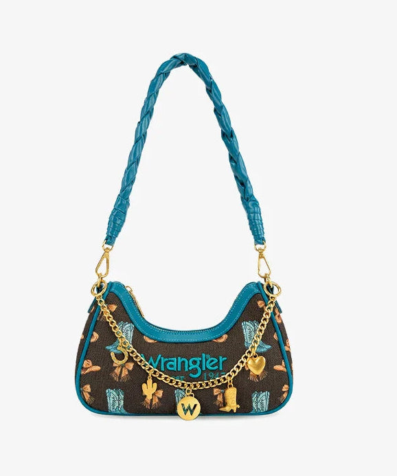 Turquoise Braided Handle Wrangler Western Cowgirl Print Shoulder Bag