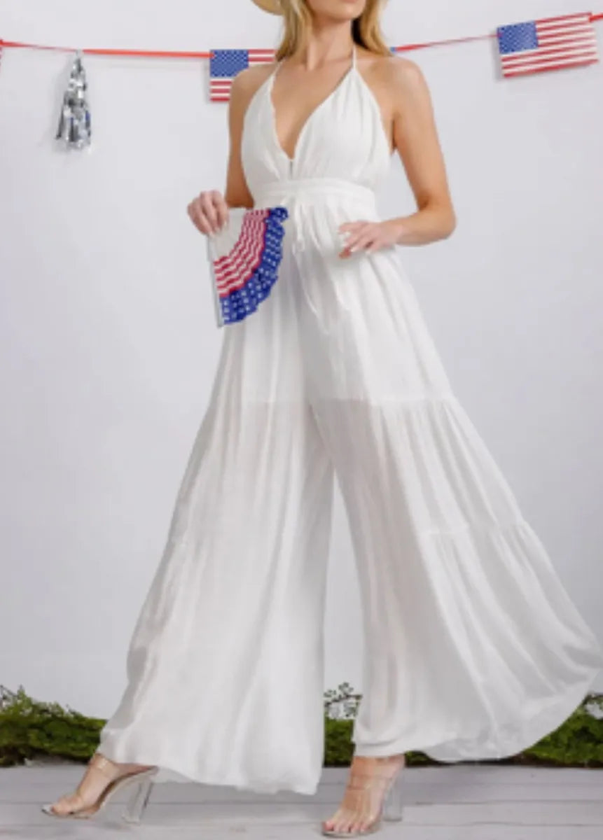 White Halter Jumpsuit Wide Legs -Sold out