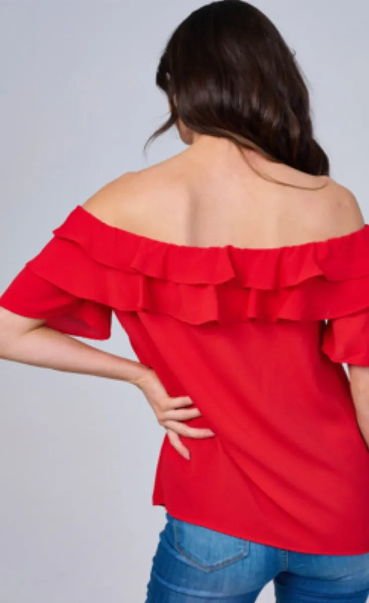 Layered Ruffled Off-Shoulder Blouse (Red)