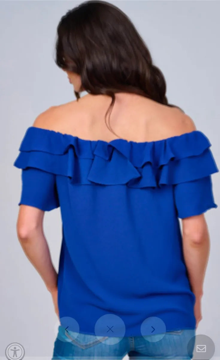 Layered Ruffled Off-Shoulder Blouse (Blue)