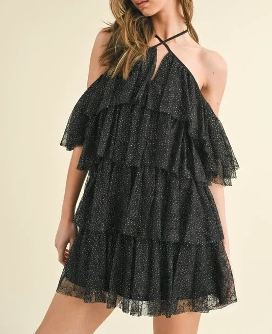 Glitter Dotted Lace Cold Shoulder Tiered Dress