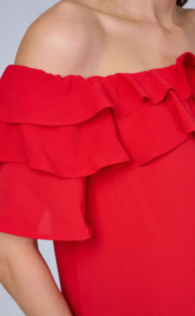 Layered Ruffled Off-Shoulder Blouse (Red)